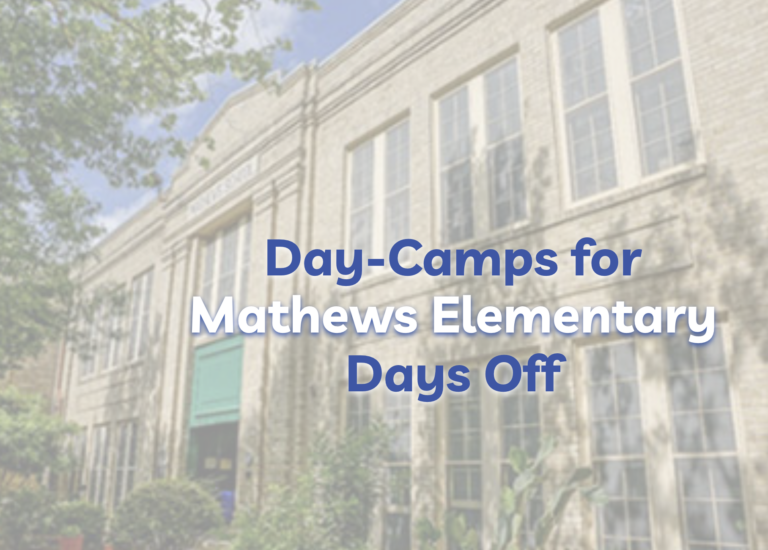 Picture of Mathews Elementary School with the words Day-Camps for Mathews Elementary Days Off